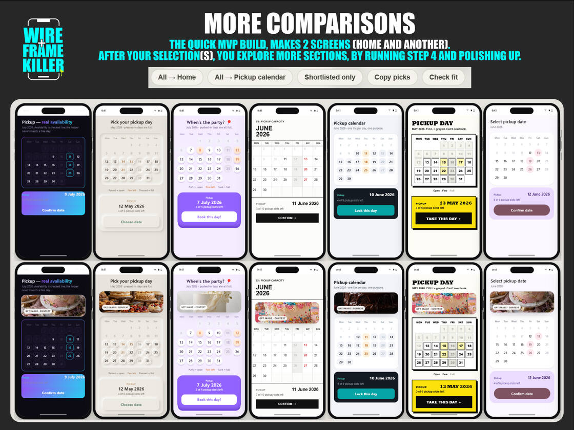 Comparison view: the same pickup-calendar screen across seven builds, before and after adding imagery